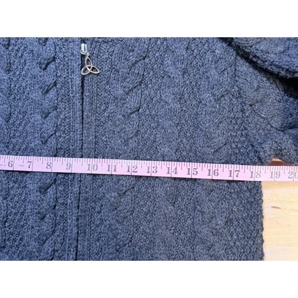 Inis Crafts Irish 100% Merino Wool Full Zip Cardigan Hood Size S Gray Cozy Gift